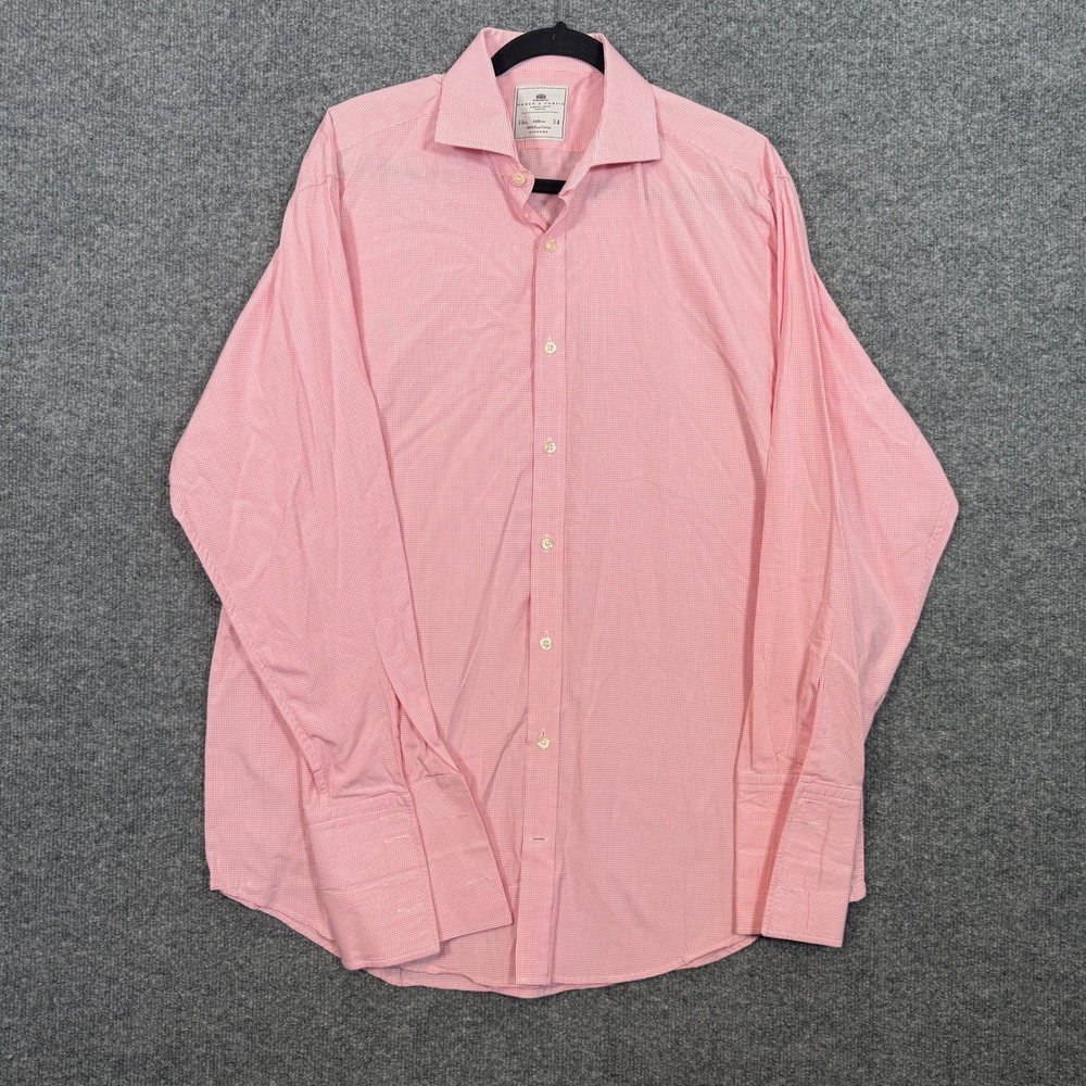 Hawes & Curtis Dress Shirt Men 16.5 Pink Gingham Check‎ French Cuff Business